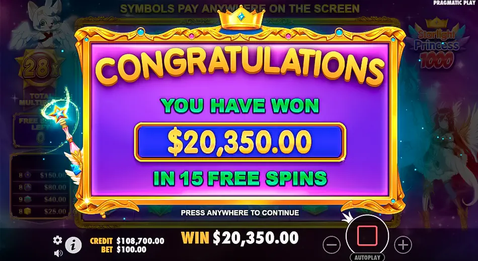 Completing the free spins bonus feature in Starlight Princess 1000 slot