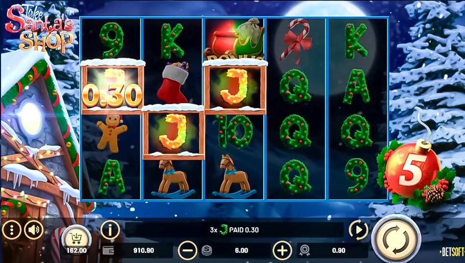 Winning the base game in BetSoft's Take Santa's Shop Slot